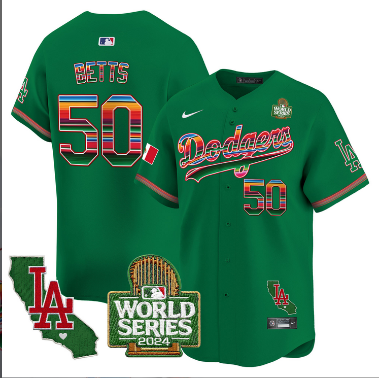 Men MLB Mexico Los Angeles Dodgers #50 betts green 2024 World Series Champions Patch Jersey 2024110